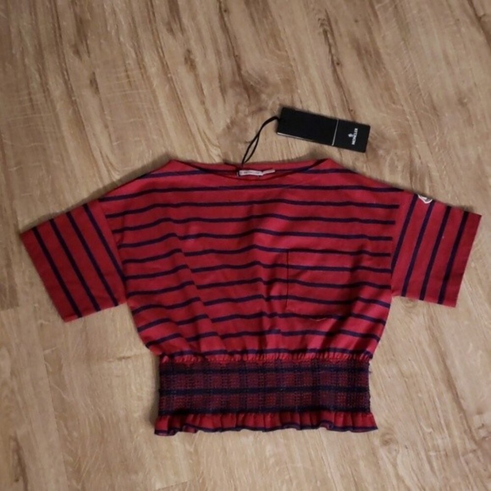 Moncler Red Navy Striped Quiet Luxury Casual Cropped Crew Neck Top Size XS NEW